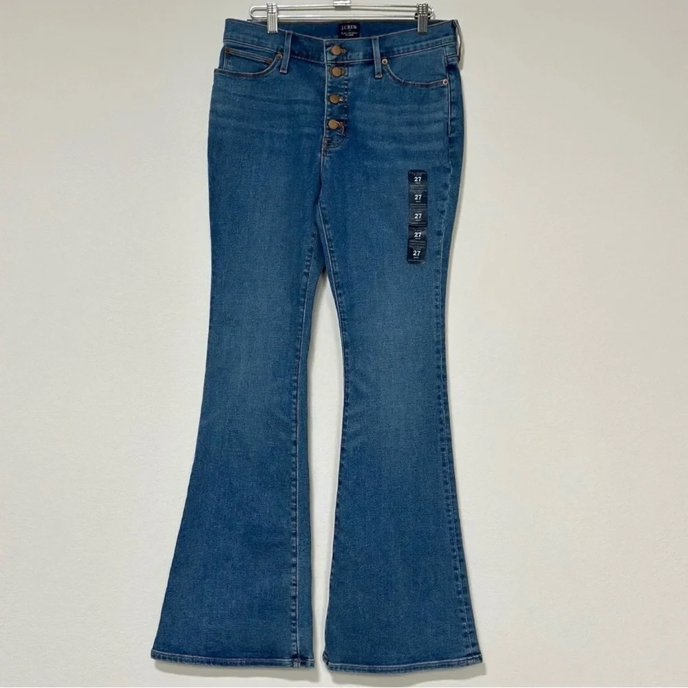 New J Crew Full Length Flare Jeans Button Fly‎ Medium Wash 27 Signature Stretch